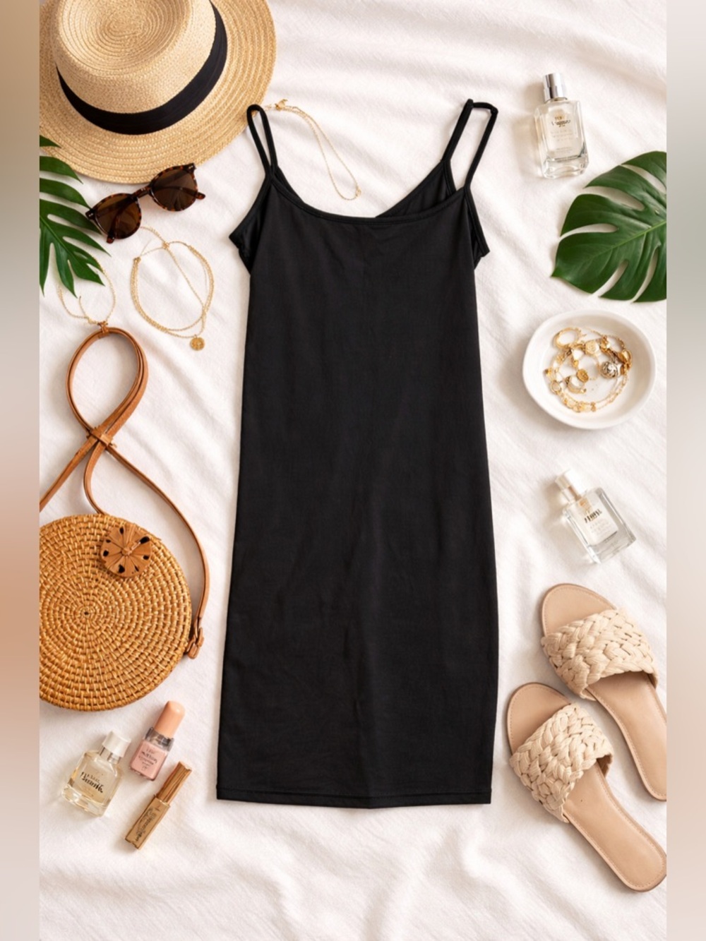 SKIMS Black Bodycon Slip Dress | Adjustable Straps | Sleek Minimalist Mini NWOT